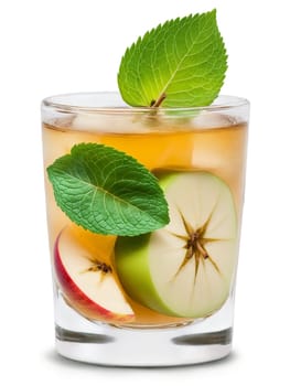 Polish Miodula in shot glass accompanied by few slices of apple and sprig of green. Drink isolated on transparent background.