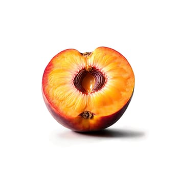 Nectarine with sliced half and pit exposed in juicy flesh Food and culinary concept. Food isolated on transparent background.