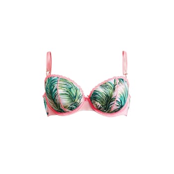 Tropical floral print balconette bra swaying like palm fronds bright island hues vacation vibes. Woman lingerie isolated on transparent background.