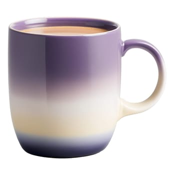 Modern ombre colored ceramic mug with a matte finish filled with a creamy lavender hot. Drink isolated on transparent background