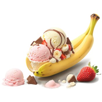 Banana split ripe banana scoops of vanilla chocolate and strawberry ice cream toppings galore Summer. close-up food, isolated on transparent background