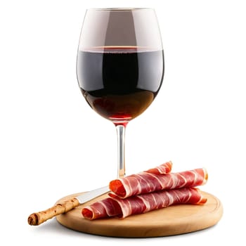 Sangiovese in a stemmed glass bright ruby red accompanied by a slice of prosciutto and.