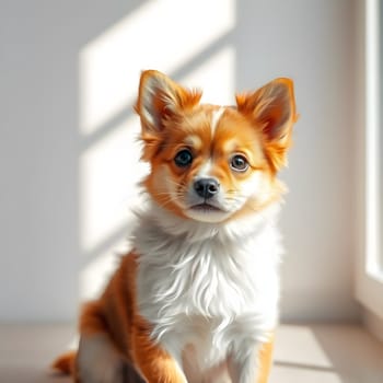 A small dog with orange and white fur sits still, gazing curiously at the camera. Sunlight floods the room, creating soft shadows against the wall and highlighting the dog's features.