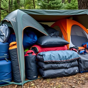 A variety of camping gear is organized under a canopy in a forested location. Soft sleeping bags and pads are visible, indicating preparation for an outdoor adventure in nature.