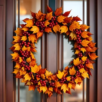 A vibrant autumn wreath crafted from orange and yellow leaves, adorned with red berries, hangs beautifully on a wooden door, adding a warm welcome for the season.