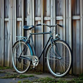 A classic bicycle stands against a wooden fence under bright sunlight, showcasing its elegant design and vibrant colors. The scene evokes a sense of nostalgia and tranquility.