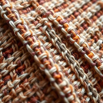 This close-up captures a woven fabric rich in warm colors, revealing the intricate patterns and textures formed by varied threads