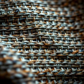 This textile features a detailed close-up of woven fibers in complex patterns. The interlacing threads create a textured appearance, showcasing the craftsmanship and material variation.