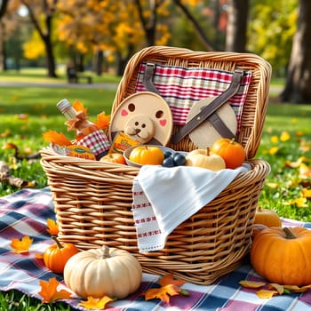 Brightly colored autumn leaves surround a picnic basket brimming with fruits, snacks, and decorative pumpkins on a checkered blanket during a sunny day in the park.