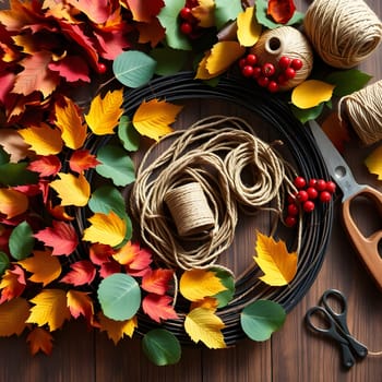 Gathered materials for crafting a beautiful autumn wreath feature vibrant leaves, twine, and crafting tools arranged neatly. Perfect for seasonal home decoration and DIY projects.