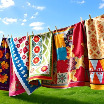 Vibrant quilts hang on a clothesline, fluttering gently in the breeze under a clear blue sky. The sunny day enhances the colors and patterns of each unique quilt.