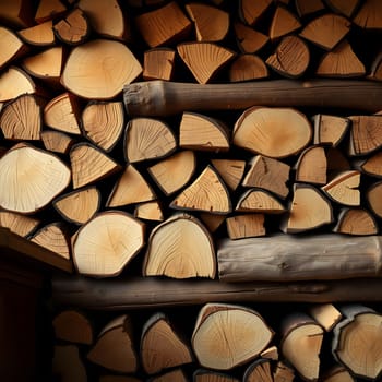 A collection of neatly arranged firewood logs of various shapes and sizes fills a corner, showcasing their warm textures and colors against a rustic wood backdrop.