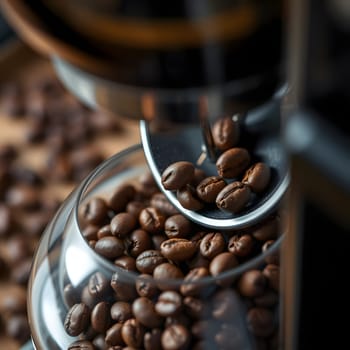 Dark, aromatic coffee beans are being carefully scooped from a glass container as part of the coffee preparation process. The scene captures the essence of a coffee lover's ritual in a cozy kitchen.