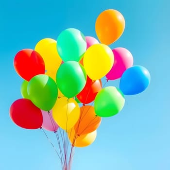 A cluster of vibrant balloons in various colors rises against the backdrop of a bright blue sky, creating a cheerful and festive atmosphere perfect for celebrations or events.