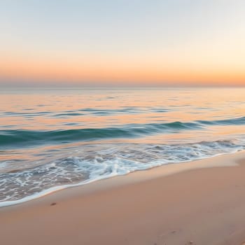 The sun sets over the calm ocean, casting warm hues across the water. Soft waves gently lap against the sandy shore, creating a tranquil atmosphere for evening strolls.
