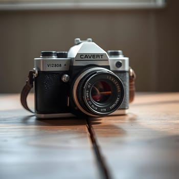 A vintage film camera sits on a rustic wooden table, illuminated by soft natural light filtering through a nearby window. The lens reflects a subtle glow, capturing the moment's essence.