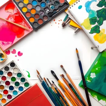 A vibrant artist workspace showcases an array of paints, brushes, and a blank canvas, surrounded by colorful palettes and stationery, all reflecting a creative atmosphere during the day.
