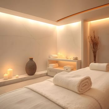 A serene spa retreat features soft lighting and soothing ambiance created by candles, white towels on massage tables, and elegant decor, inviting relaxation and rejuvenation for guests.