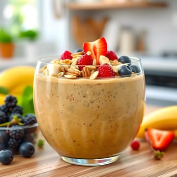 A vibrant smoothie bowl filled with a creamy mixture is beautifully topped with fresh berries and granola. The setting features a sunny kitchen with bananas and other fruits nearby.