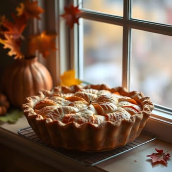A freshly baked pumpkin pie sits on a cooling rack by the window, surrounded by autumn leaves and a small pumpkin. The warm sunlight highlights the pie's golden crust and seasonal decor.