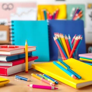 A vibrant collection of notebooks, pens, and colored pencils is spread across a wooden table in a creative workspace filled with cheerful stationery.