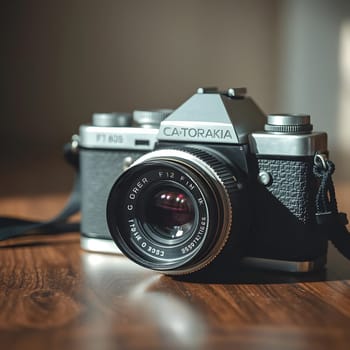A vintage film camera rests on a wooden surface, captured in soft natural light. The camera showcases intricate details, highlighting its lens and textured body.