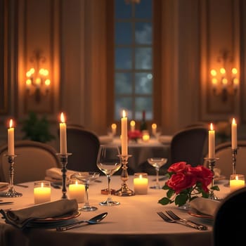 The dining area is beautifully arranged with flickering candles and fresh roses. The warm light highlights the elegant tableware and creates a romantic atmosphere perfect for special occasions.