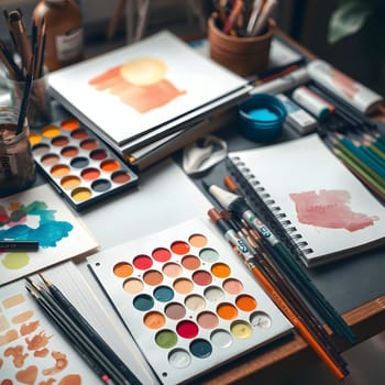 A vibrant workspace filled with watercolor paints, brushes, and sketchbooks. Soft light filters through, illuminating various artistic materials scattered across the desk.