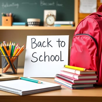A vibrant classroom desk displays a red backpack, colorful stationery, and a sign announcing the return to school. The setup is inviting, encouraging students to get organized and ready.