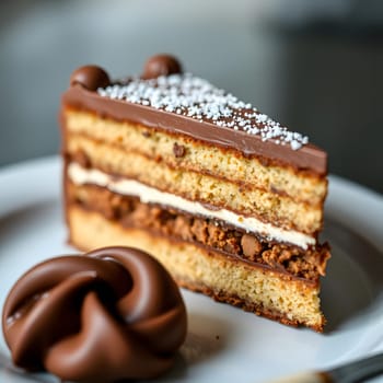 A beautifully sliced piece of layered cake showcases several rich layers of vanilla and chocolate, topped with glossy chocolate and sprinkled with decorative elements.