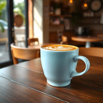 A white coffee cup sits on a wooden table in a warm cafe. Beautiful latte art decorates the surface, with soft lighting creating a welcoming morning atmosphere.