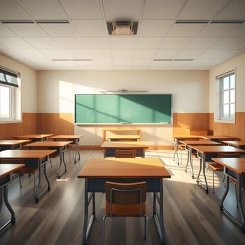 Natural light floods a classroom with wooden desks arranged thoughtfully. A chalkboard takes center stage, creating an inviting learning environment for students.