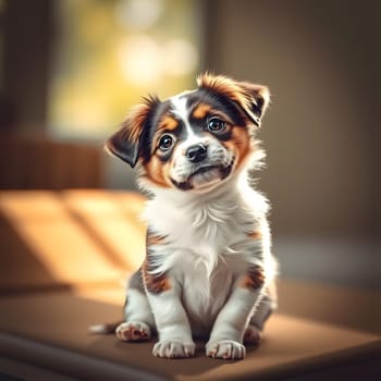 A small, tricolor puppy with big eyes and fluffy fur sits attentively on a wooden surface. Sunlight streams in from a nearby window, creating a warm and inviting atmosphere.