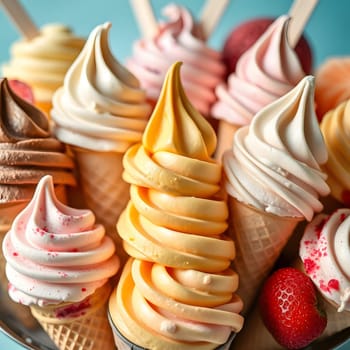 A delightful variety of ice cream cones, featuring multiple flavors with swirls of creamy toppings. The cones are served in a circular arrangement against a vibrant blue backdrop.