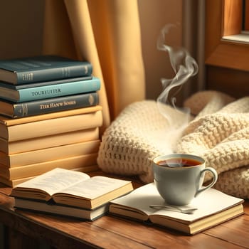 A serene reading corner features a steaming cup of coffee beside open books, snugly wrapped in a knitted blanket, illuminated by soft afternoon sunlight through the window.