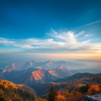 A breathtaking view of the Smoky Mountains showcasing vibrant autumn colors under a clear blue sky. The evening light casts a warm glow over the peaks, creating a serene atmosphere.
