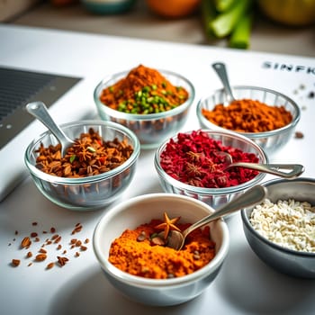 A vibrant display of various spices is organized in bowls on a kitchen countertop. The spices include turmeric, paprika, and star anise, adding rich colors and flavors.