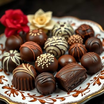 A variety of beautifully crafted chocolates are arranged on an ornate plate. Delicate chocolate truffles, each with unique designs, are complemented by red and white flowers.