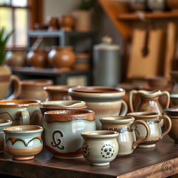 A collection of uniquely designed pottery pieces rests on a wooden table inside a cozy studio filled with natural light. Each item showcases intricate craftsmanship and artistic detail.