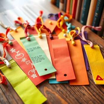 A collection of vibrant bookmarks rests on a wooden table, featuring various colors and designs. The backdrop contains several books, creating a cozy reading atmosphere.