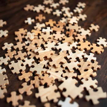 A variety of wooden puzzle pieces are strewn across a rustic wooden table. The pieces feature different shapes and shades, inviting casual assembly and engaging leisure time at home.
