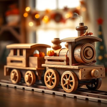 A beautifully crafted wooden toy train featuring pumpkins rides along a track in a cozy setting with autumn decorations. Soft light filters through a window, enhancing the warm atmosphere.