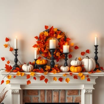 A cozy mantelpiece showcases an arrangement of white and orange pumpkins, adorned with vibrant autumn leaves and lit candles, creating a warm fall atmosphere.