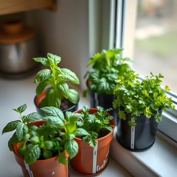 A collection of herb plants in pots sits on a windowsill, soaking up sunlight. Varieties include basil and cilantro, creating a vibrant and fresh atmosphere in the kitchen.