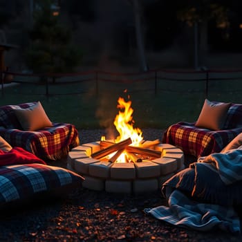A warm fire burns brightly in a circular stone pit, illuminating the evening. Soft, checkered seating invites relaxation, creating a perfect setting for storytelling and enjoying nature.