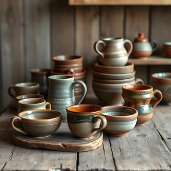 Various handcrafted ceramic mugs and bowls are displayed on a rustic wooden shelf, showcasing earthy tones and unique textures in a cozy interior setting.
