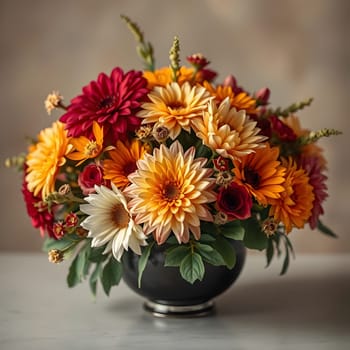 A vibrant arrangement features an array of flowers in shades of yellow, orange, red, and white, artfully displayed in a black bowl. Perfect for enhancing any autumn decor.