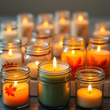 A collection of candles in glass jars with autumn-themed designs illuminates a dimly lit room, casting a warm glow and creating a cozy ambiance perfect for fall.