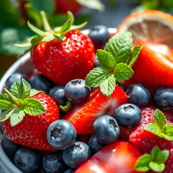 A vibrant bowl filled with ripe strawberries and blueberries, adorned with fresh mint leaves, showcasing a healthy and colorful assortment of fruits ready to be enjoyed.