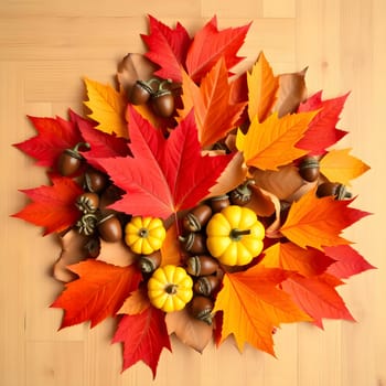 Brightly colored autumn leaves in shades of red, orange, and yellow surround small pumpkins and acorns, creating a seasonal display on a wooden surface, perfect for celebrating fall.
